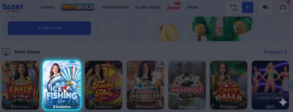 glory casino ice fishing game